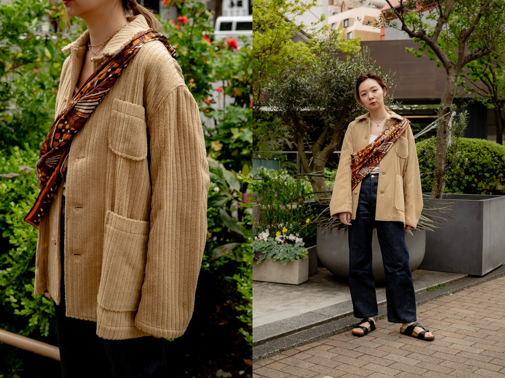 ベージュのパイルジャケットを着用した女性モデル