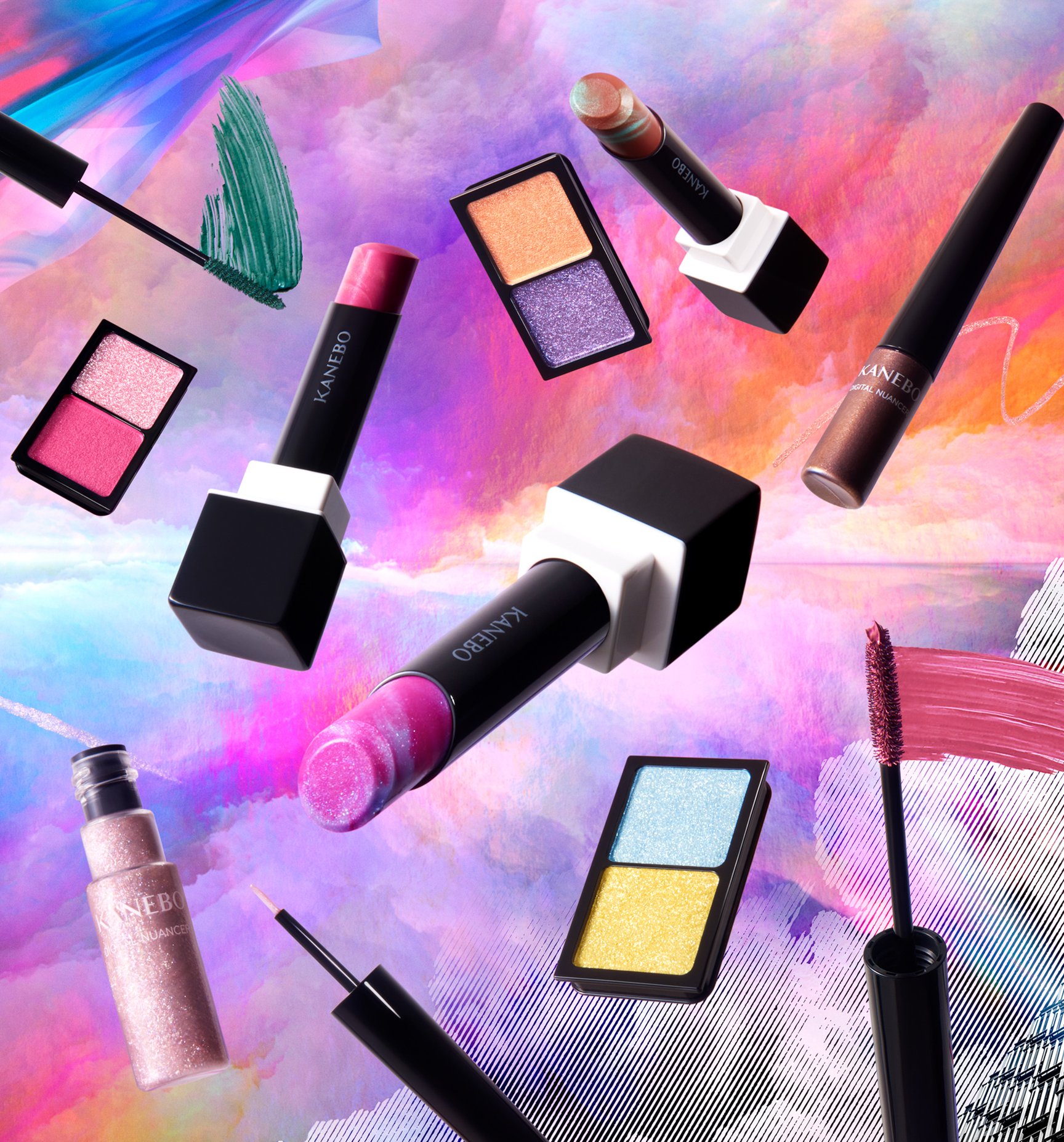 ネオンカラーの背景と黒い容器に入った鮮やかなメイクアイテム