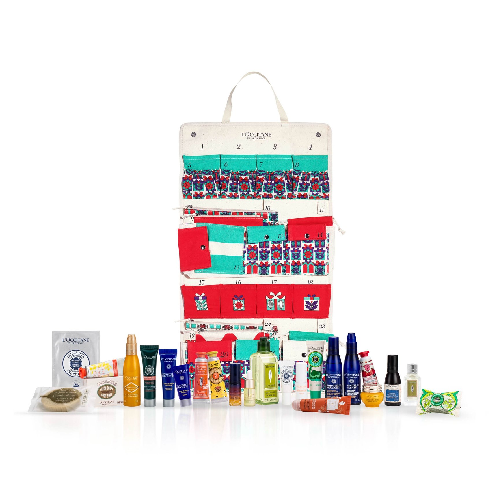ポーチとボディケア製品などがセットになったアドベントカレンダー