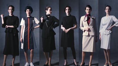 スカートスタイルのユニフォーム（左から SENSAI、est、KANEBO、LUNASOL、TWANY、ALBLANC）