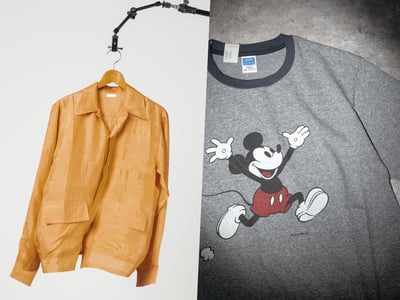 オレンジのシルクシャツとミッキーがプリントされたTシャツ