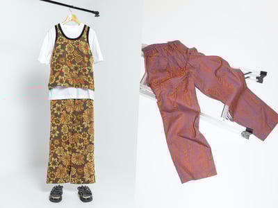 アンスクリアの花柄セットアップとミオズモーキーのジャカードパンツ