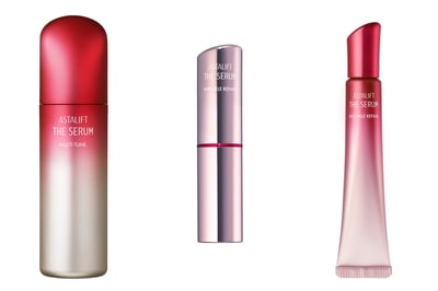 赤と白のグラデーションカラーのボトル・チューブに入った美容液とピンクの容器に入ったスティック状の美容液