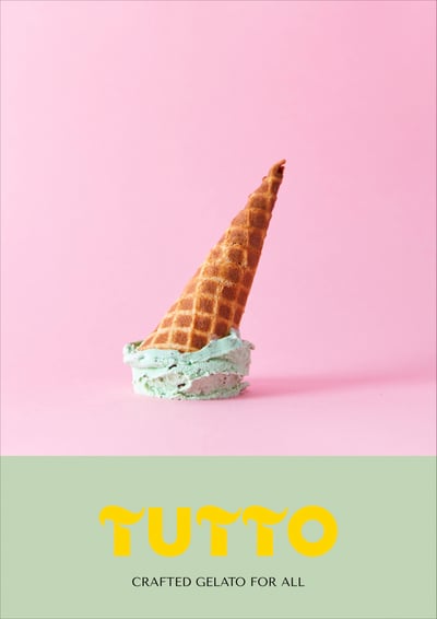 新たなクラフトジェラートブランド「トゥット」のピンクを背景にしたジェラートのヴィジュアルとロゴ