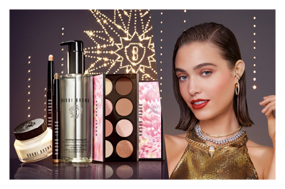 左側に複数のメイクアップアイテム、右側にゴージャスな装いの女性が並んでいるコラージュ画像