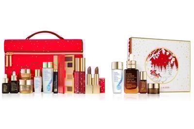 赤いポーチに入ったコフレ、雪のデザインボックスに入ったコフレ