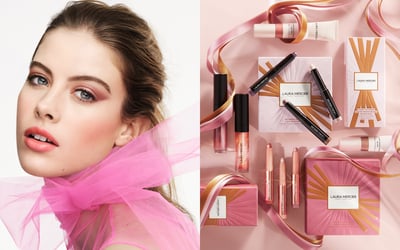 ピンクのチュールリボンを首に巻いた女性と、ピンクとゴールドのパッケージのコフレ