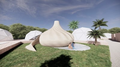 直島のグランピング施設「SANA MANE」内のサウナ施設「SAZAE」の外観