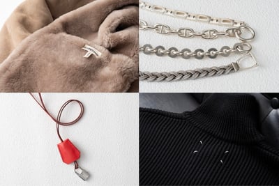 ファーコートやシルバーブレスレット、赤いキーカバー、マルジェラの白いステッチのコラージュ