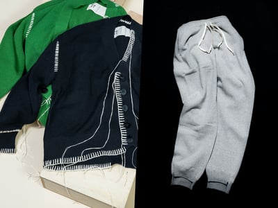 2枚のカーディガンとグレーのスウェットパンツ