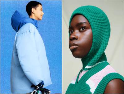 緑のバラクラバとニットベストを着用した女性と水色のダウンコートを着用した女性