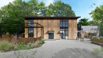 千里中央公園にオープンする施設の木を貴重とした外観