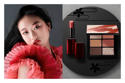 左側に赤いドレスをきた女性右側にコスメアイテムがきれいに並べられている