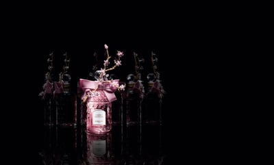 暗闇に置かれたリボンと枝を付けたフレグランス