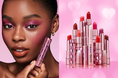 ピンクのリップを手に持った女性とピンクのリップが並んでいる画像