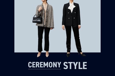 黒いジャケットとパンツのセットアップと、ツイードジャケットを着用した女性