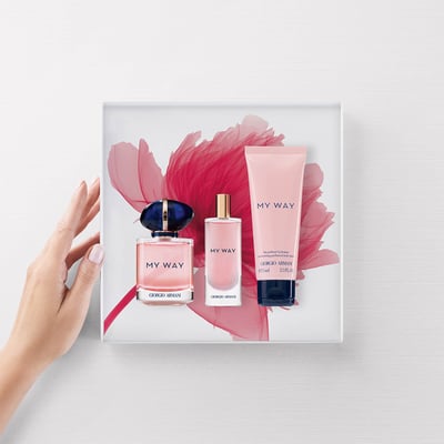 赤い花柄の箱に収められたフレグランスボトル2つとボディローション