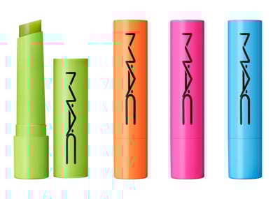 4本のリップバームが並ぶ。左から黄緑、オレンジ、ピンク、水色。