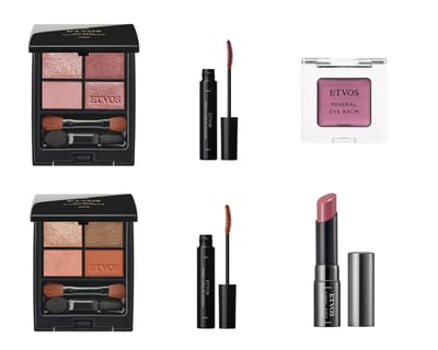 2つのアイシャドウ、2つのマスカラ、葡萄色のアイカラー、ピンクのリップを1枚にコラージュした画像