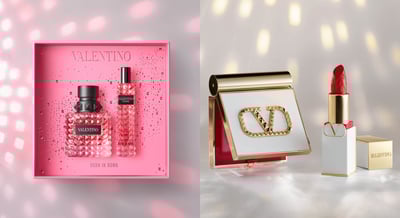 ミラーボールのような光に照らされたフレグランスギフトの画像とメイクアップアイテムの画像のコラージュ