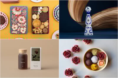 クッキー缶とテキーラのボトル、はちみつの瓶、箱に入ったおはぎ