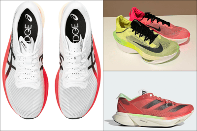 アシックス「メタスピード」（左）／ナイキ「EKIDEN PACK」（右上）／アディダス「アディゼロ アディオス プロ3」（右下）