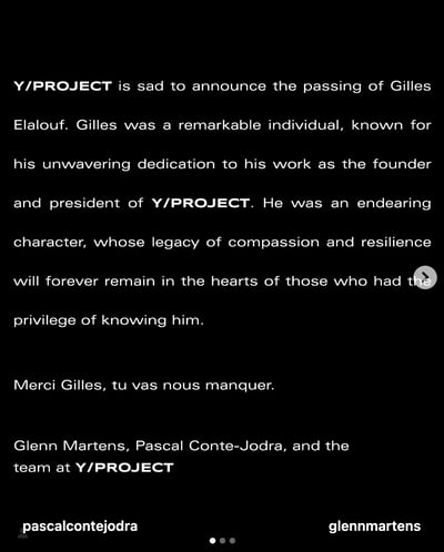 「Y/プロジェクト」公式インスタグラムのスクリーンショット