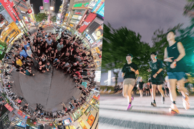 渋谷の街を背景にした集合写真