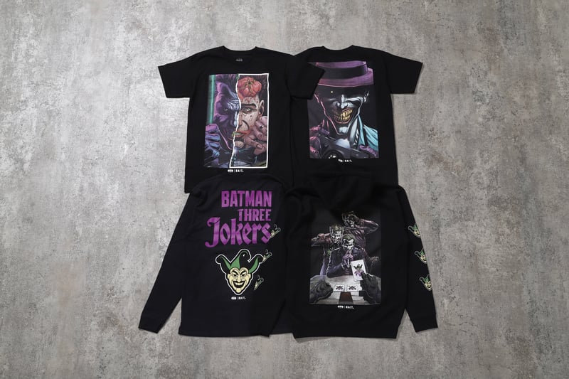 ベイトが「バットマン：スリー・ジョーカーズ」とコラボレーションした黒いフーディーとTシャツ、ロンT