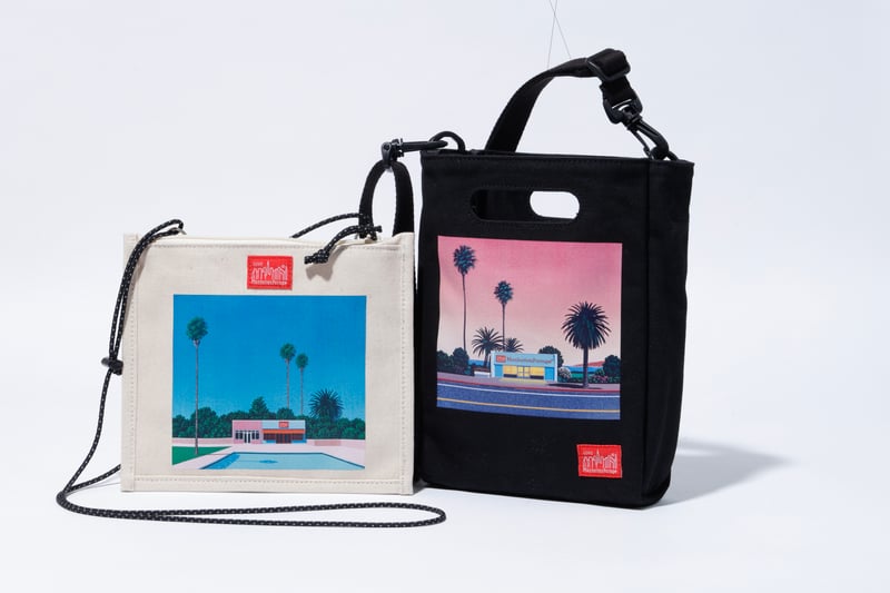 イラストレーターの永井博のアートワークをあしらったサコッシュバッグとショルダーバッグ