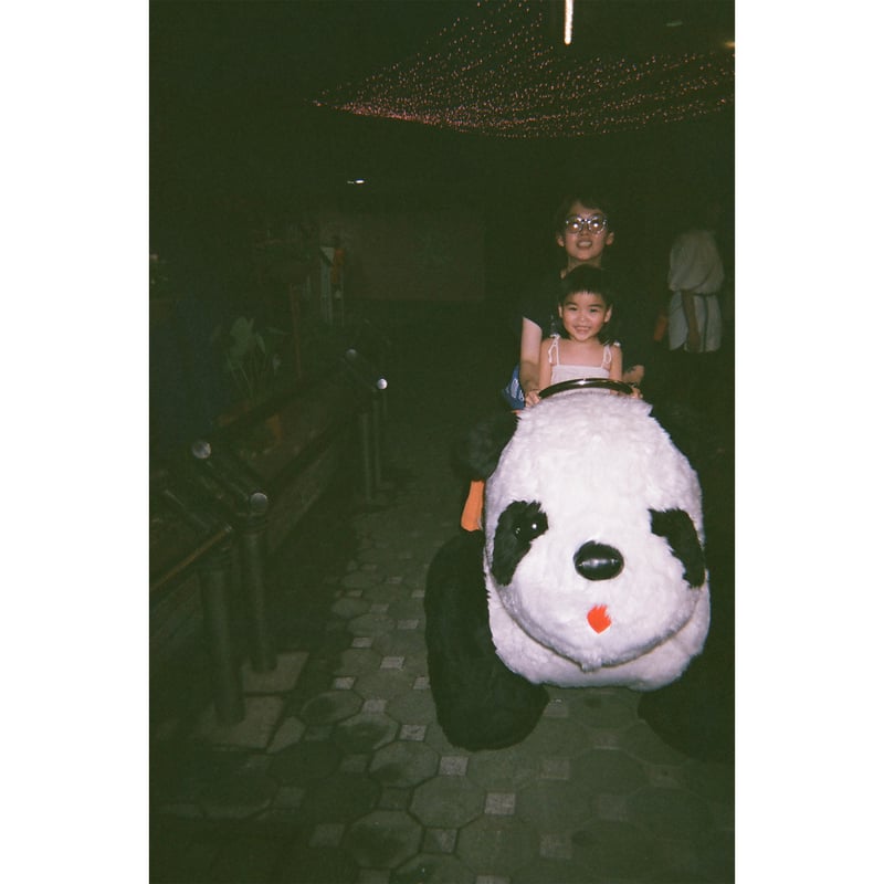 遊園地のパンダのアトラクションに乗る女の子
