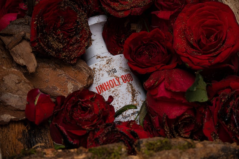 赤い薔薇の花の下に埋まる白い香水ボトル