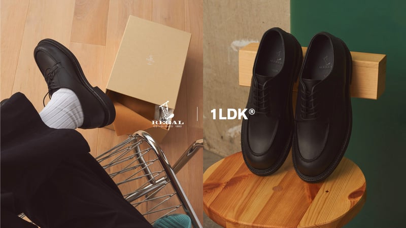 左／黒い靴を履いている足元の画像、右／椅子の上に乗った黒い靴