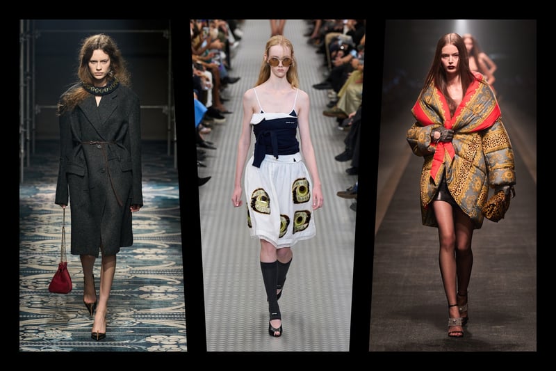 PRADA 2025年秋冬／Miu Miu 2025年春夏／VERSACE 2025年秋冬ルックのコラージュ