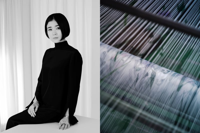 黒河内真衣子のポートレートと生地が織られている際の写真のコラージュ