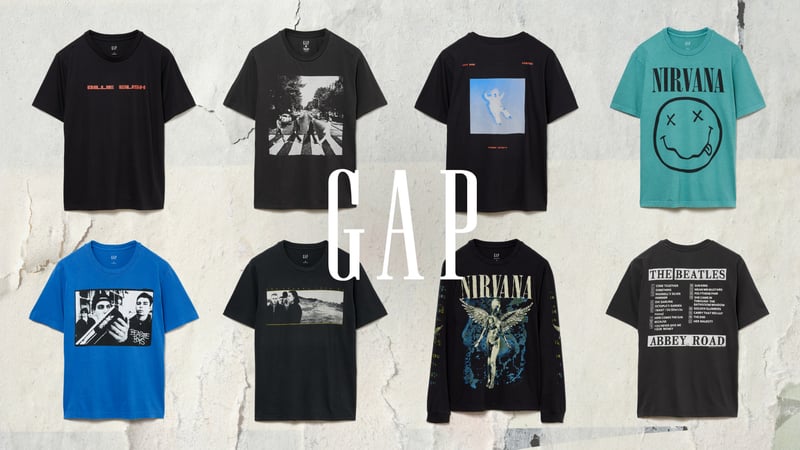 8点のGAPのヴィンテージミュージックTシャツが並んだ写真