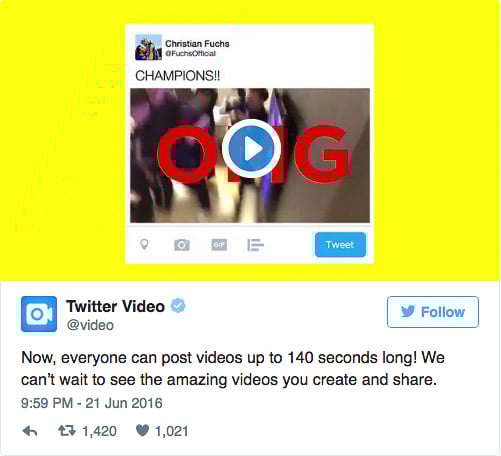 ツイッターで140秒の動画投稿が可能に