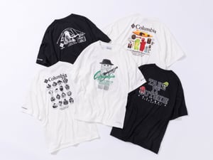 「コロンビア」がガチャピン・ムックとコラボ、アウトドアを楽しむキャラクターをあしらったTシャツ発売