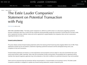 エスティ ローダー カンパニーズがプーチと事業統合へ　協議中と発表