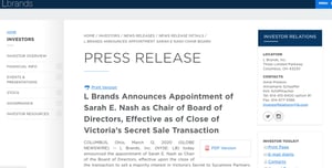 「ヴィクトリアズ・シークレット」売却でL brandsが取締役会の新議長を発表