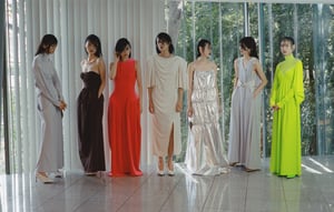 ヨウヘイオオノの「ドレスライン」が3年ぶりに発売、メタリックやネオンカラーで表現した独自性あるフォルムのドレスを展開