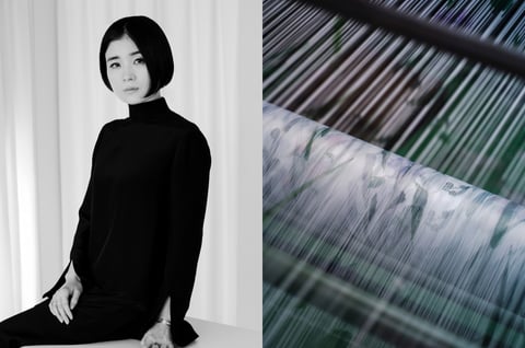 黒河内真衣子のポートレートと生地が織られている際の写真のコラージュ